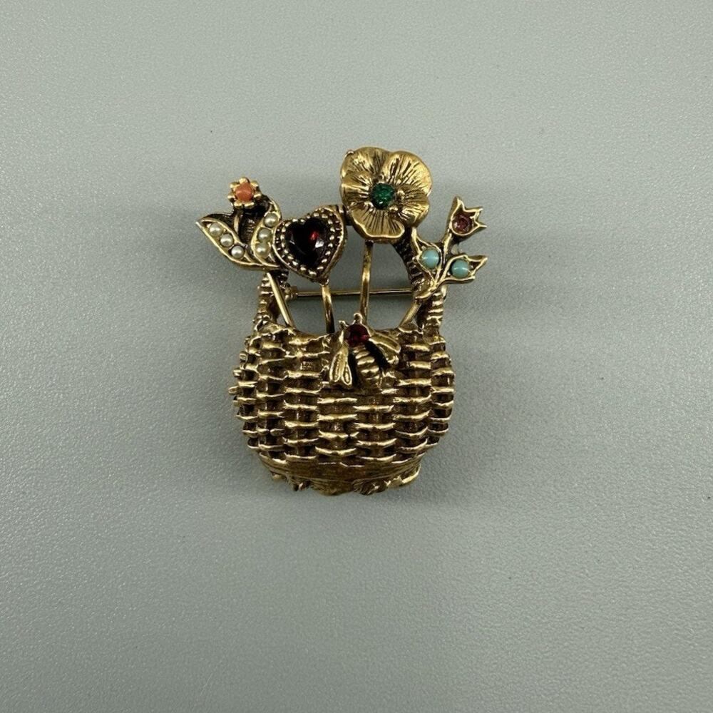 Vintage GOLDETTE Flower Basket Brooch Gold Tone Multi Colored Stones Signed